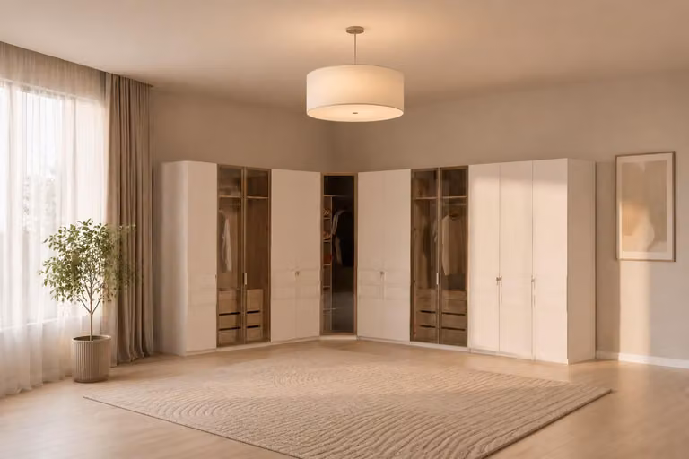 Sistema completo per armadio componibile, mobiletto angolare, guardaroba, colore beige