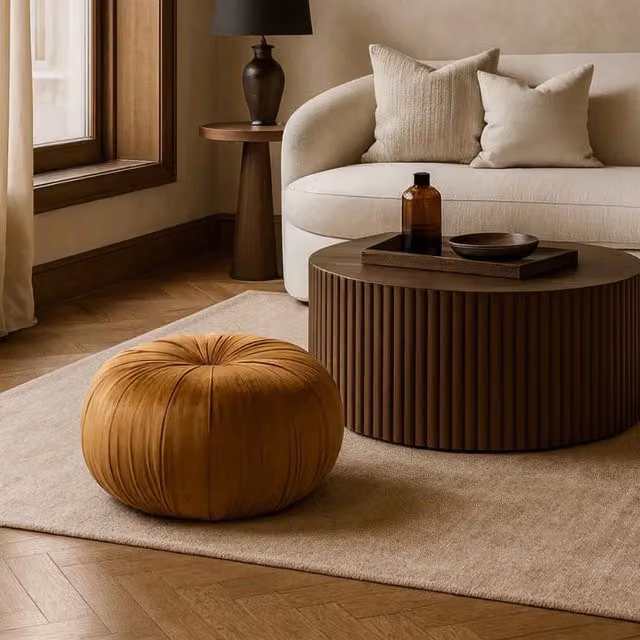 Pouf rotondo in velluto Mila arancione imbottito design moderno | Duzzle