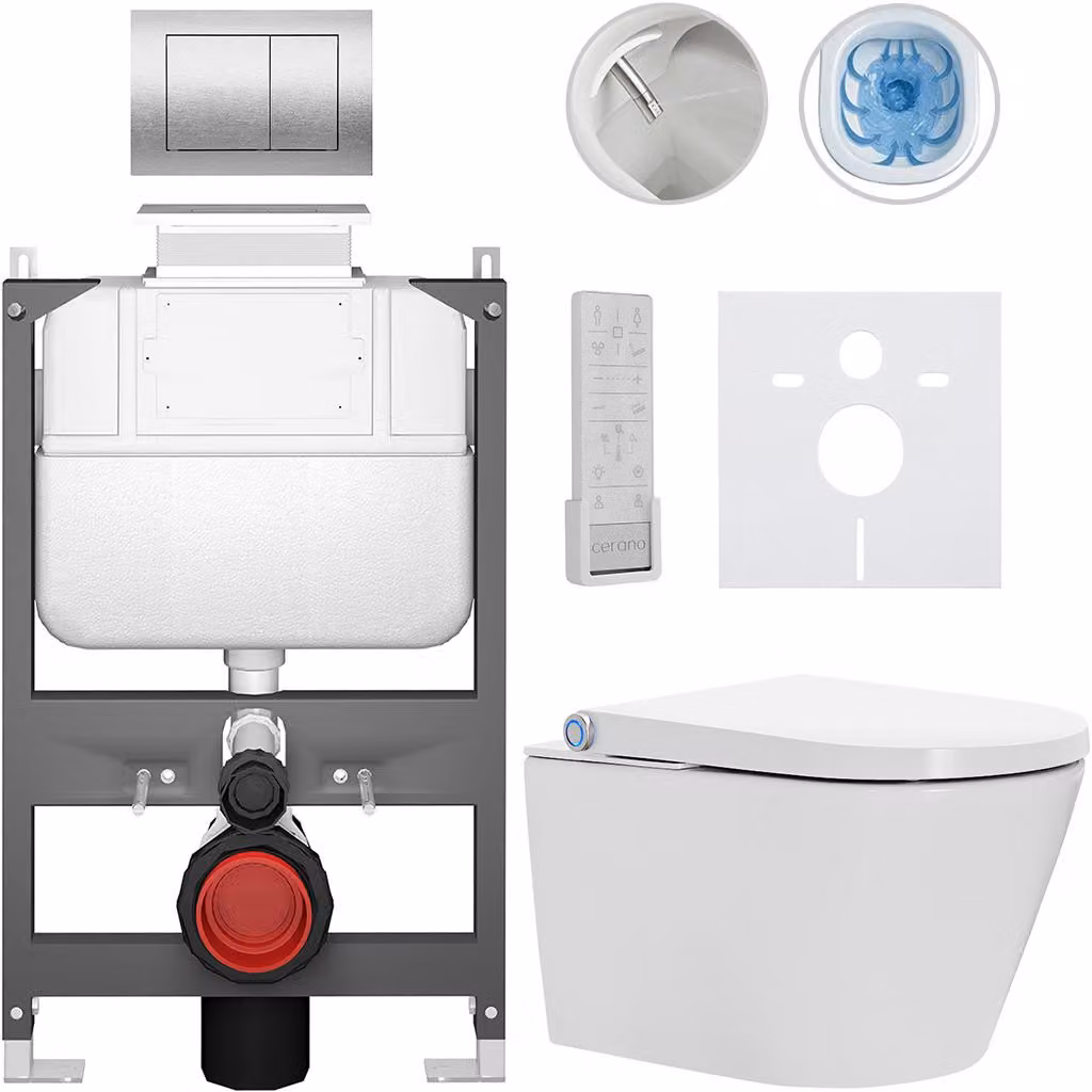 CERANO - WC sospeso con bidet Cronus Pro - bianco lucido - pulsante Prime/Maxio, argento - comando dall'alto - installazione a parete/cartongesso - 59,3 x 38,4 cm