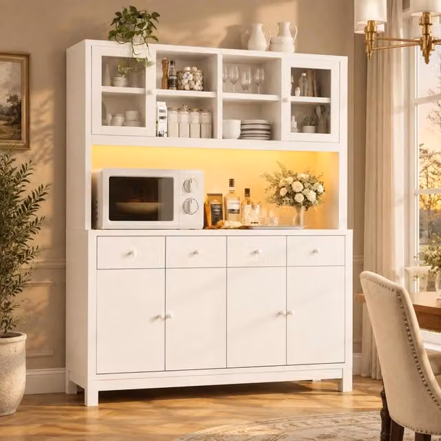 Credenza alta con ante in vetro; 4 cassetti e LED RGB controllabile via app; 140x38;5x180 cm; bianca