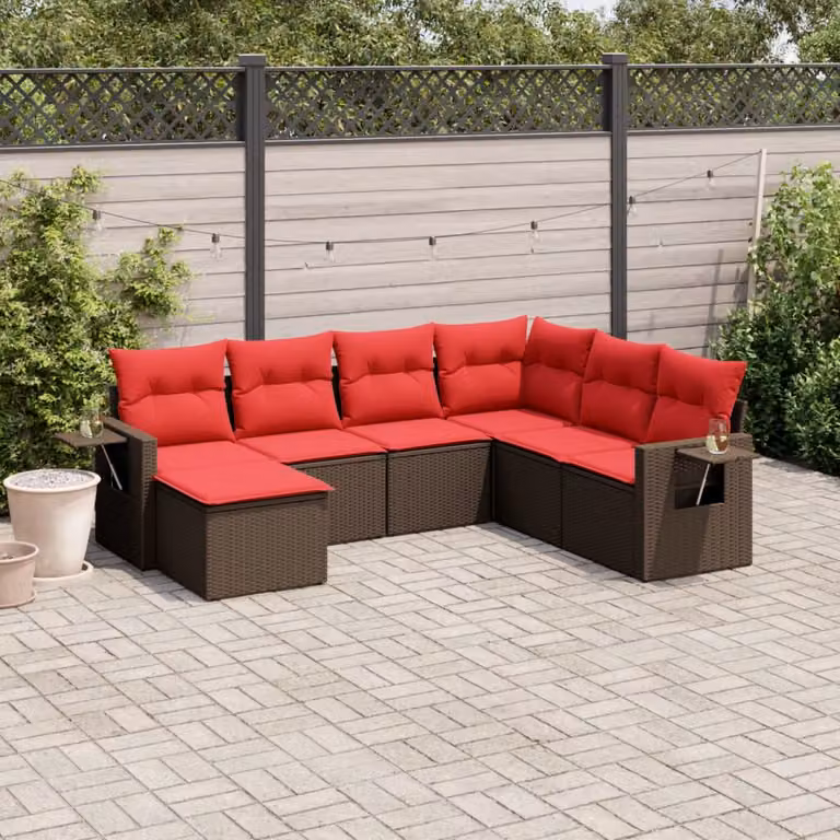 Set di divani da giardino vidaXL in polyrattan marrone con 7 pezzi e cuscini imbottiti con coperture rimovibili