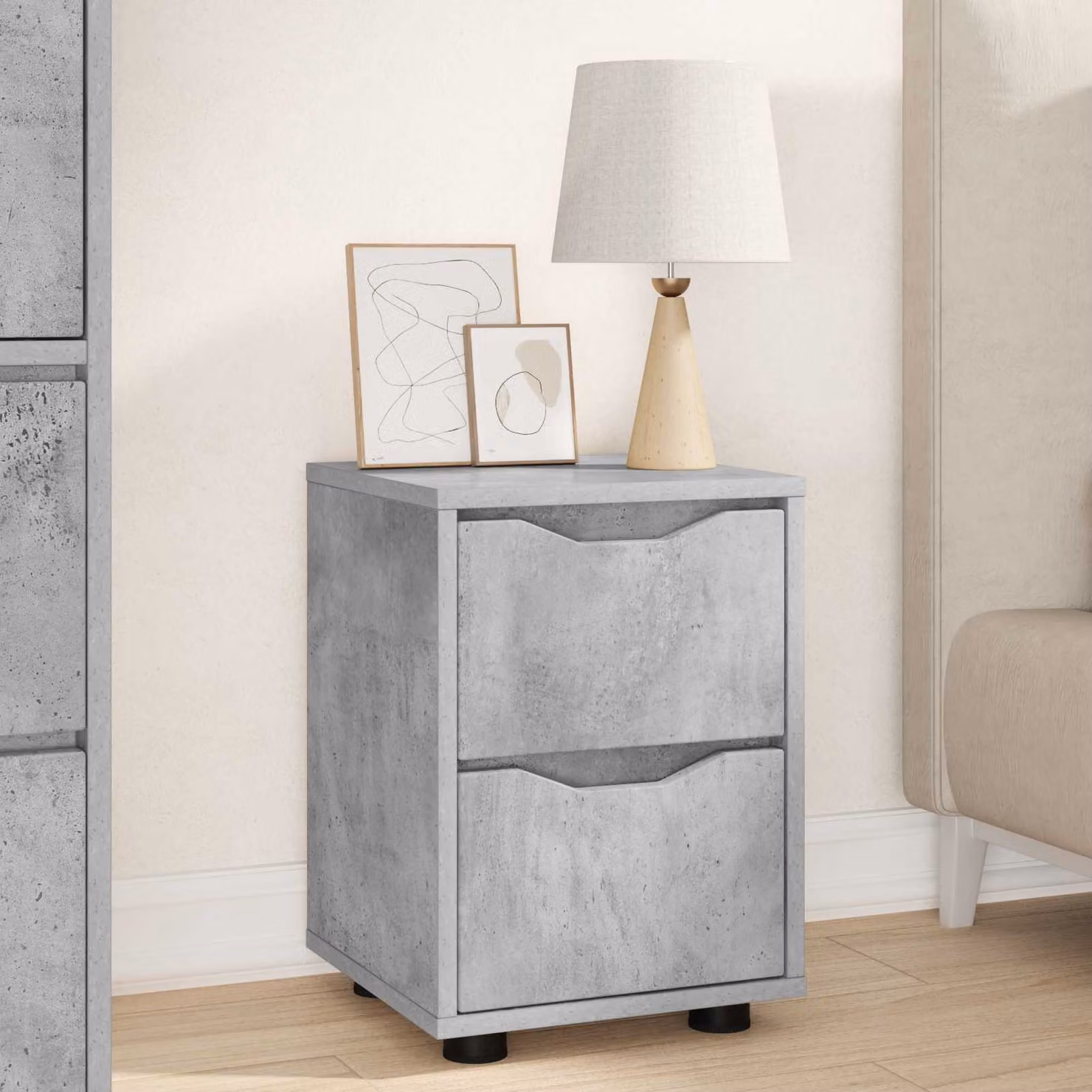 Comodino moderno vidaXL in legno ingegnerizzato e plastica, colore grigio cemento, L 30,5 cm x P 30 cm x H 43 cm