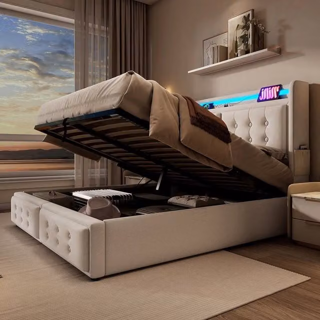 Letto a cassettoni per adulti - Xylo - 160x200 cm - Beige - Testiera LED e USB C