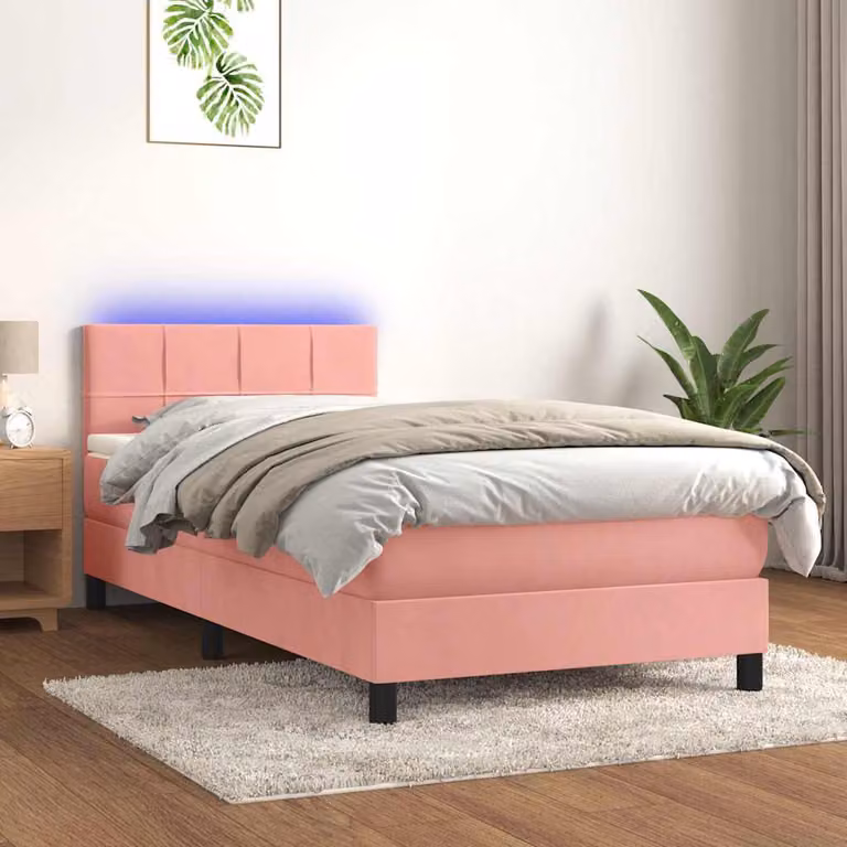 Letto a Molle con Materasso e LED vidaXL in Velluto Rosa, L/P/H: 100 x 200 cm