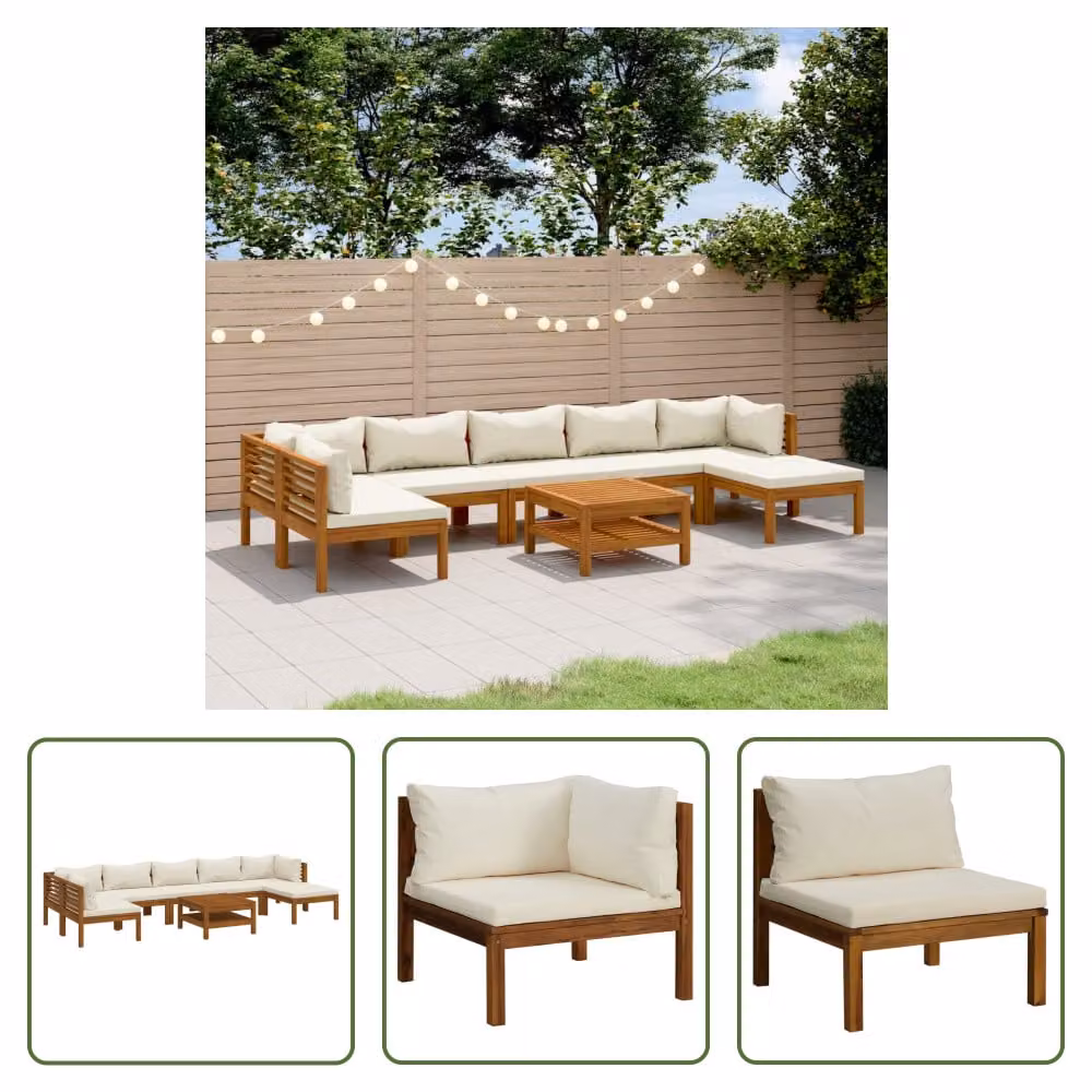 The Living Store Set da giardino da 8 pezzi con cuscini crema Legno massiccio di acacia