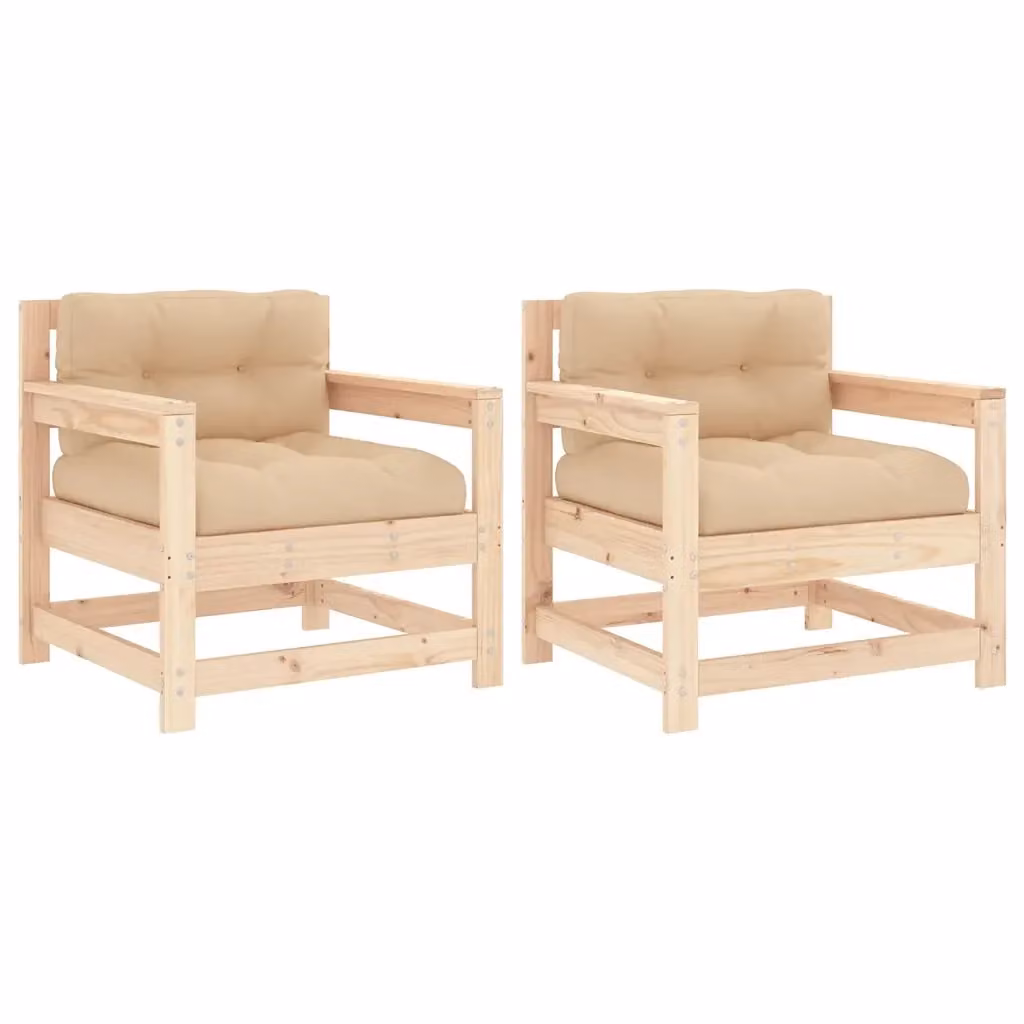 Set di 2 sedie da giardino in legno di pino massello con cuscini beige e braccioli per patio e terrazza – 2