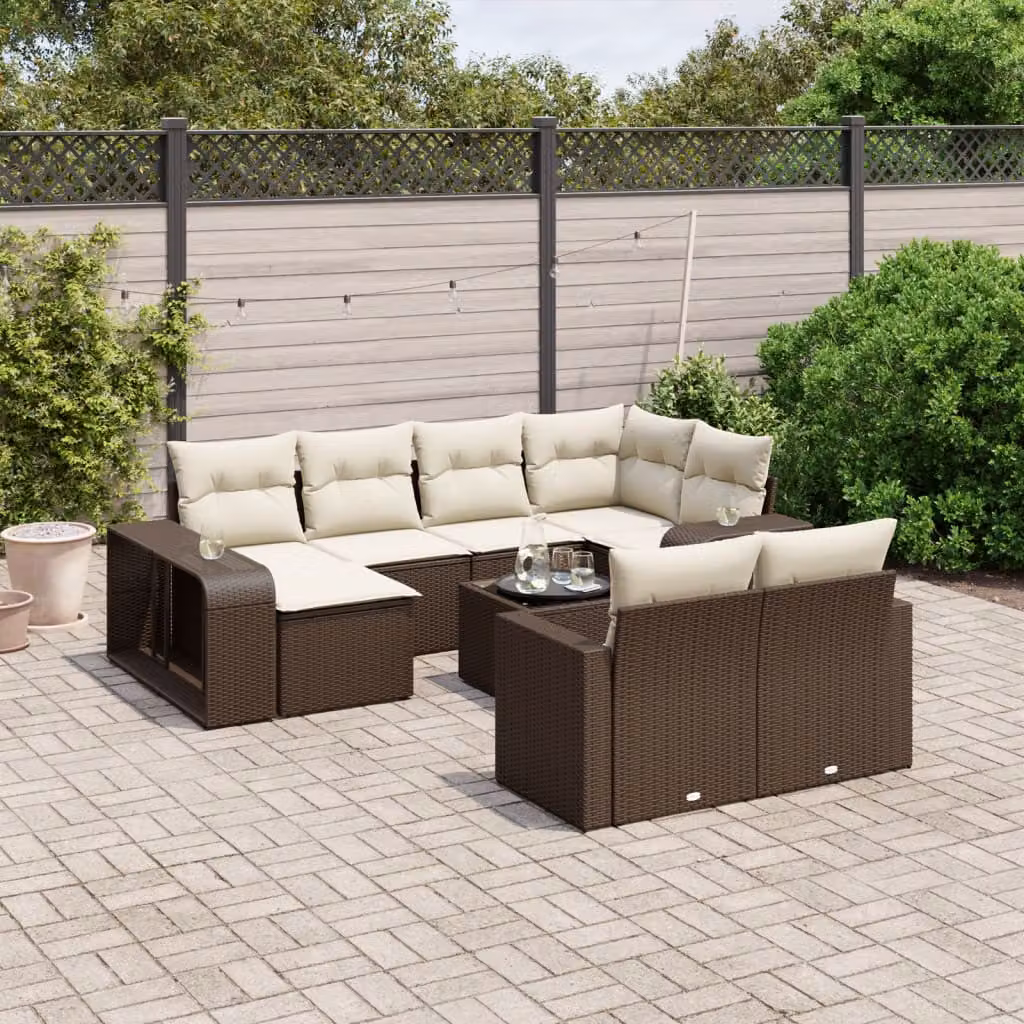 vidaXL Set Divani da Giardino 11 pz in Polyrattan Marrone e Bianco con Cuscini e Tavolino da Esterno – 1