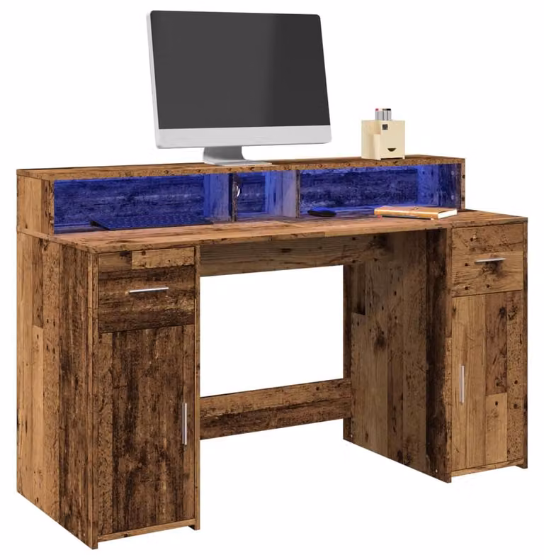 Scrivania - Tavolo da lavoro - Postazione di lavoro - Tavolo per laptop - Legno massello - Illuminazione LED RGB - Ampio spazio di stoccaggio