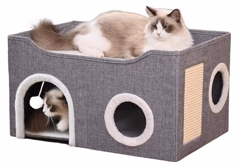 Tana pieghevole per gatti, con tiragraffi e pallina giocattolo, colore grigio, taglia media