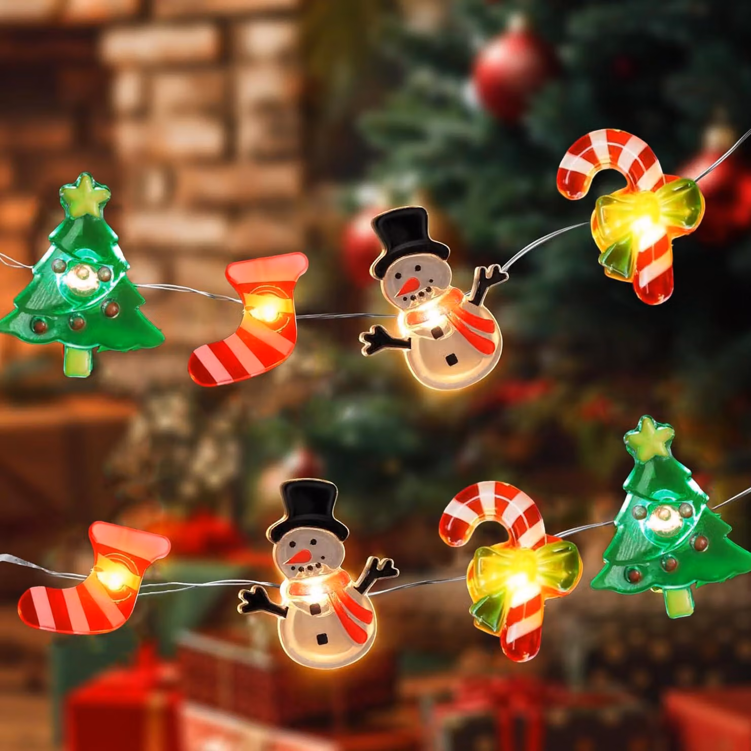 Catena luminosa natalizia a LED, 2 metri, 20 LED bianchi caldi con decorazioni a forma di pupazzo di neve e albero di Natale