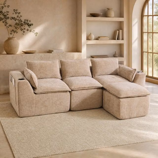Divano modulare 3 posti 256x161 cm con pouf in ciniglia kaki HOMVRA