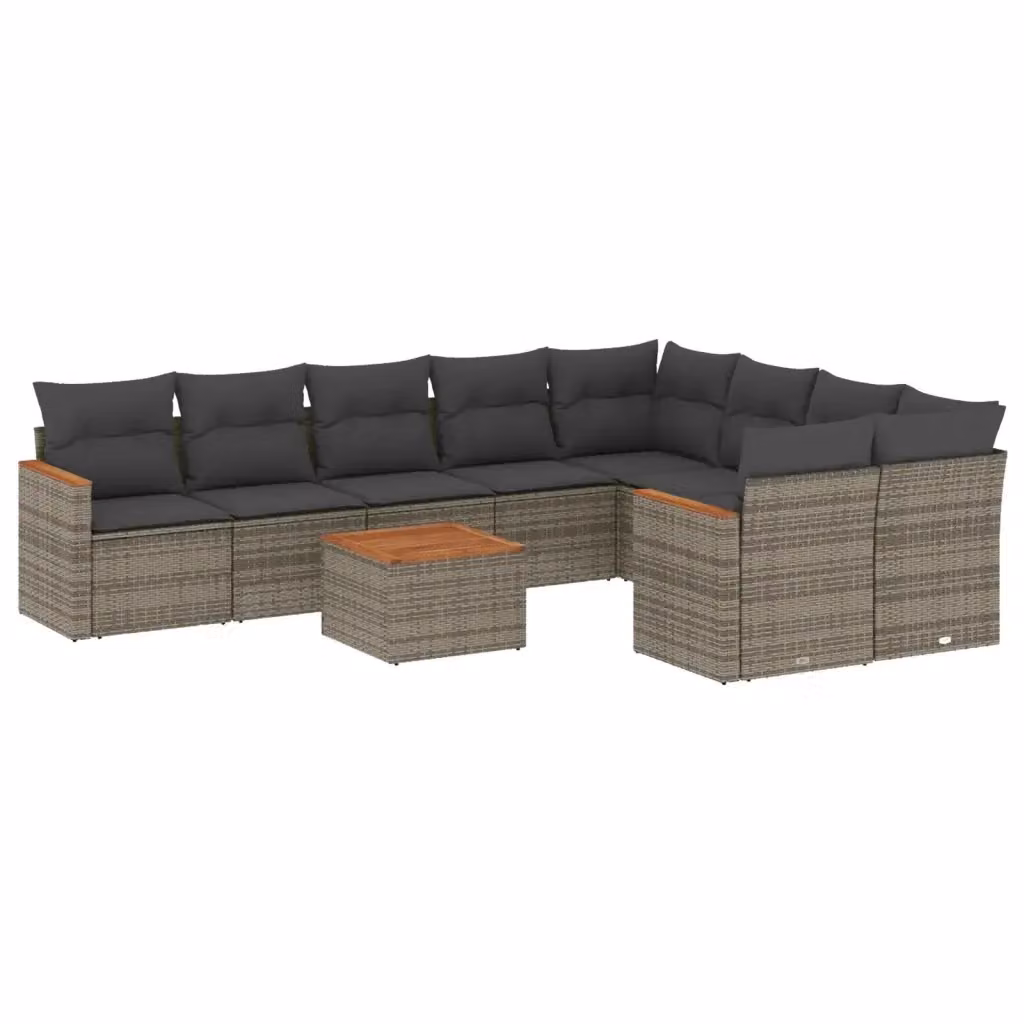 vidaXL Set Divano da Giardino a L 10 pz in Polyrattan Grigio con Cuscini e Tavolino – 2