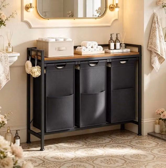 Mobile portabiancheria MODFU con 3 cesti estraibili da 40 L, ripiano e ganci, stile industrial in metallo e legno, nero e marrone