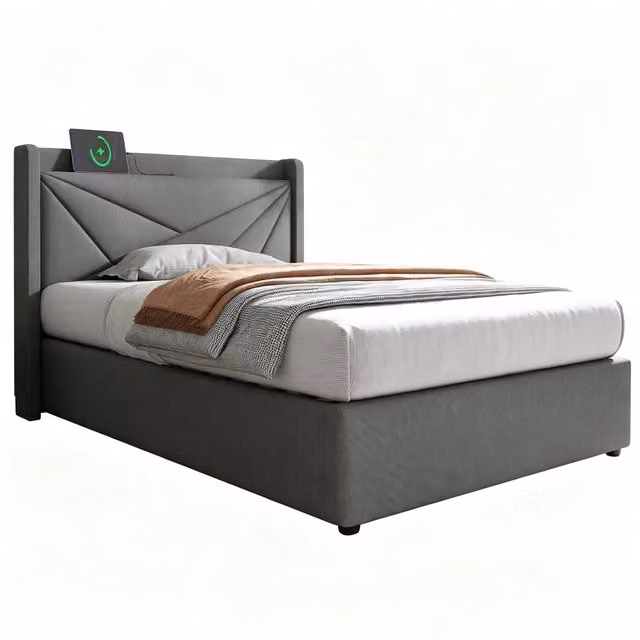 Letto singolo 90x200 contenitore con ricarica USB e USB-C; testiera imbottita in lino grigio