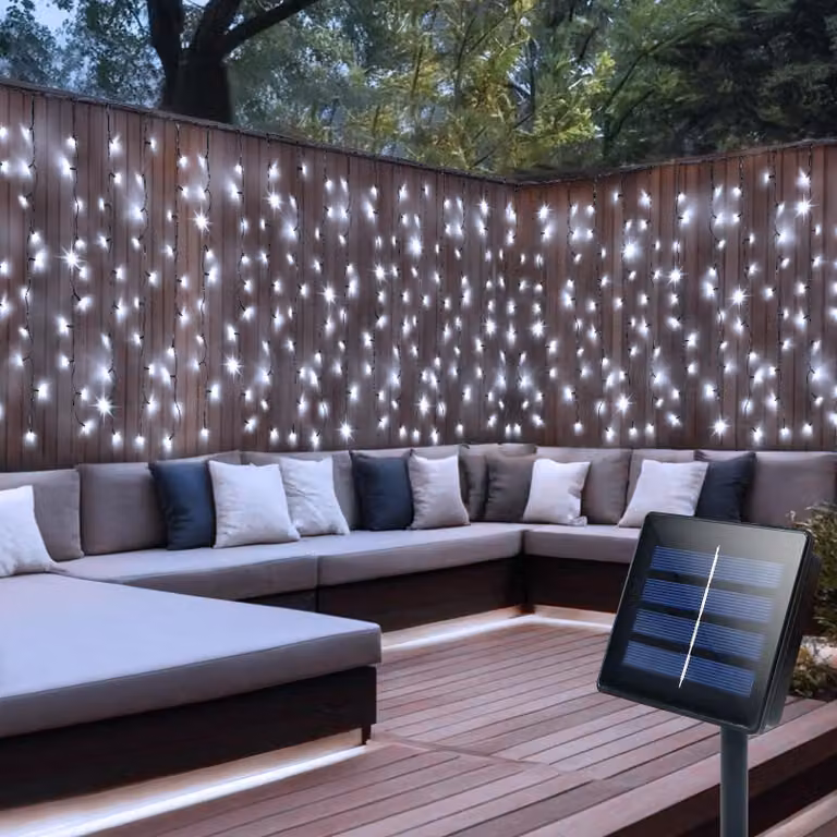 Luci solari per tende, dimensioni 4x1 metro, 200 LED, luce bianca fredda, grado di protezione IP65, 8 modalità