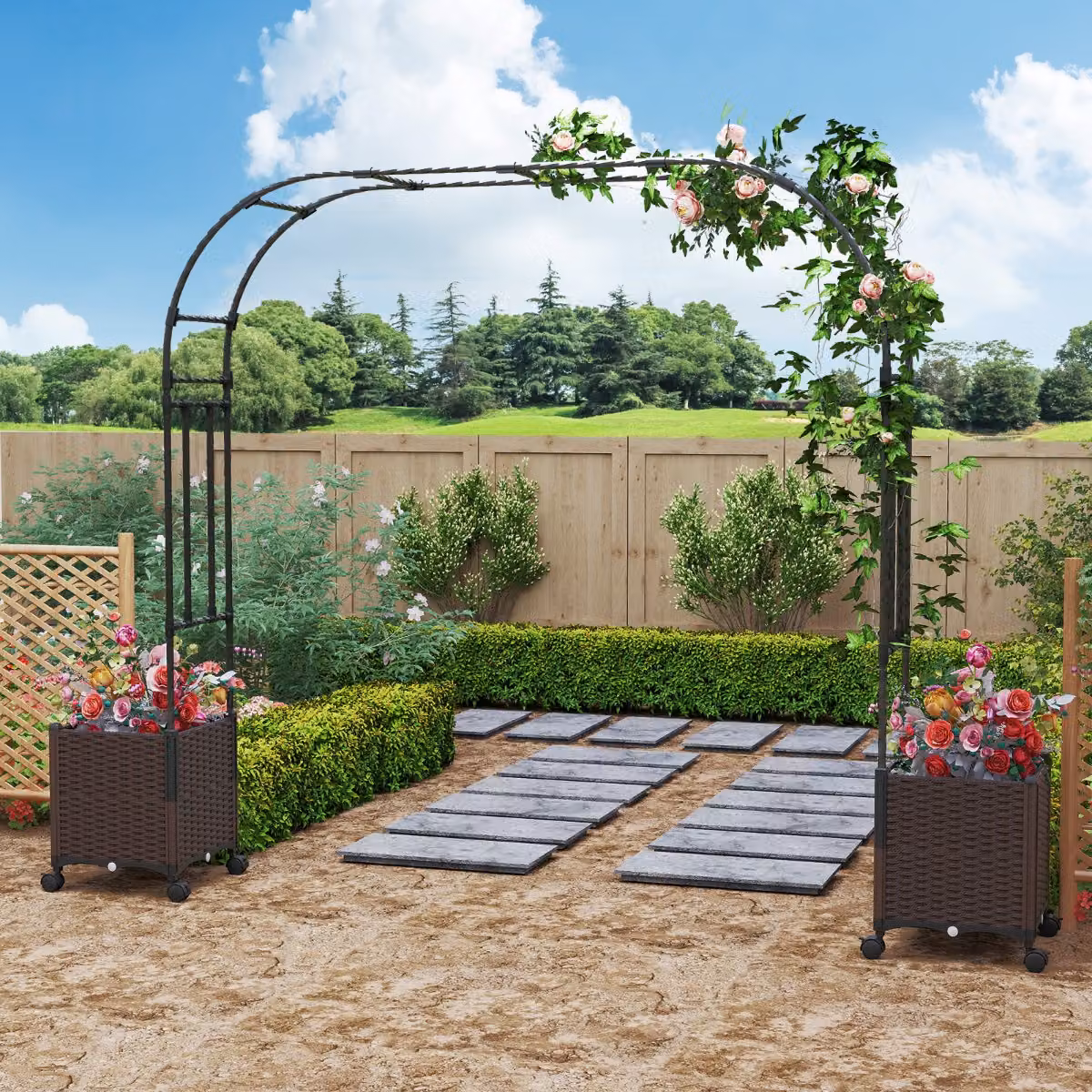 Arco da giardino decorativo Costway con 2 fioriere e sistema di autoirrigazione per piante rampicanti, Nero + Marrone, L: 288 cm