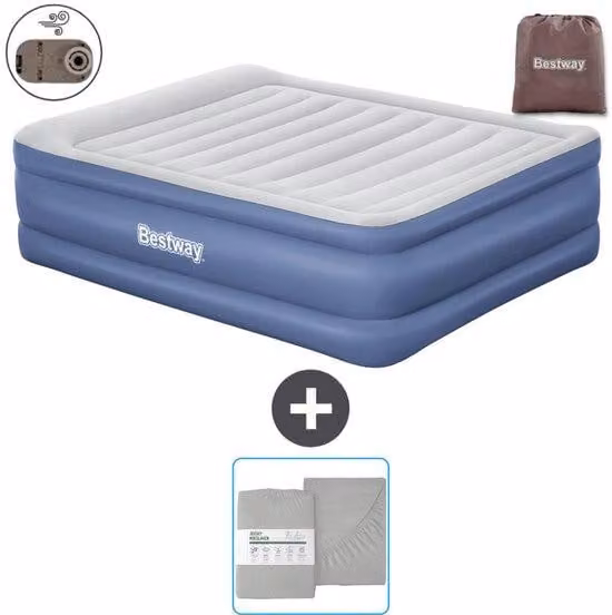 Materasso gonfiabile doppio - 152 x 203 x 61 cm - Grigio/blu - Con pompa e biancheria da letto