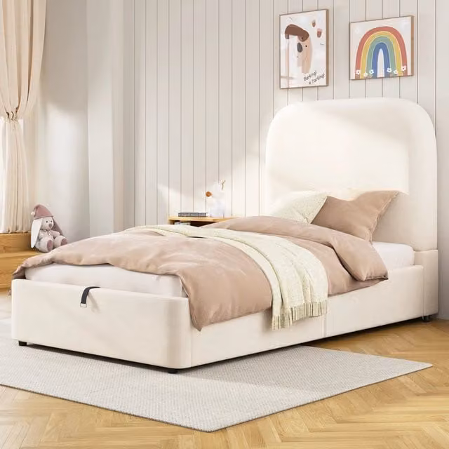 Letto per bambini imbottito 90 × 200 cm con vano contenitore idraulico rete a doghe testiera in velluto beige