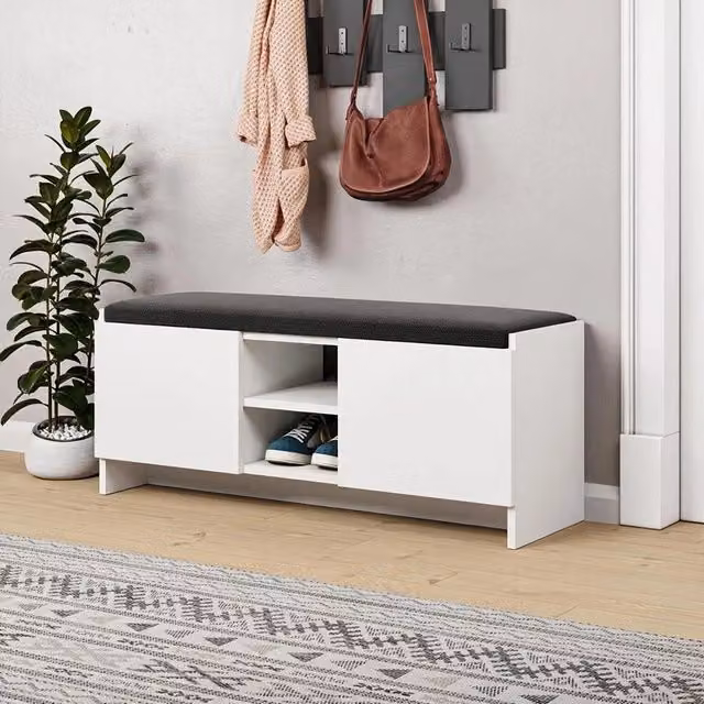 Panca scarpiera Zulla con cuscino e 2 ante colore bianco L: 110 cm, H: 43 cm, P: 37 cm
