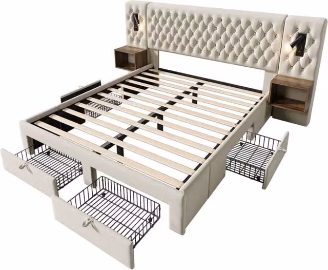 Letto matrimoniale imbottito 160x200 cm beige in velluto con 2 comodini, 4 cassetti e luci di lettura con stazione di ricarica USB e Type-C