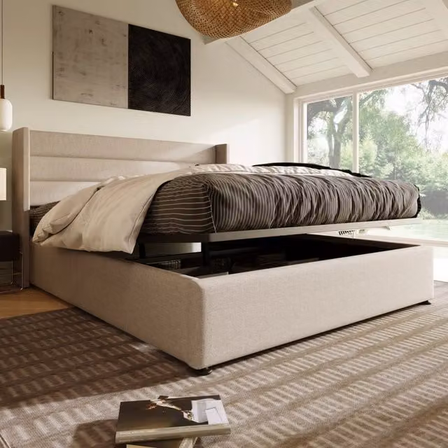 Letto matrimoniale contenitore MODFU in tessuto beige con rete sollevabile e testiera imbottita L/P: 140 x 200 cm