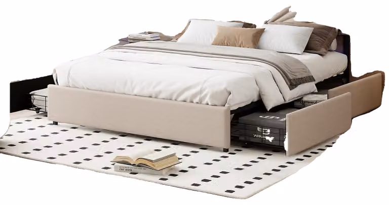 Letto, illuminazione a LED, testiera regolabile, beige, 160×200 cm