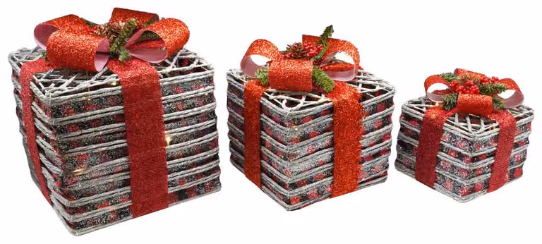 Set 3 Pacchi di Natale con LED in Plastica Rosso Glitterato