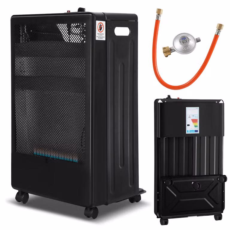 Ikodm, riscaldatore a gas portatile, modello Blue Flame, 2200 W/3800 W, con regolatore di pressione e tubo flessibile, dotato di 5 ruote girevoli