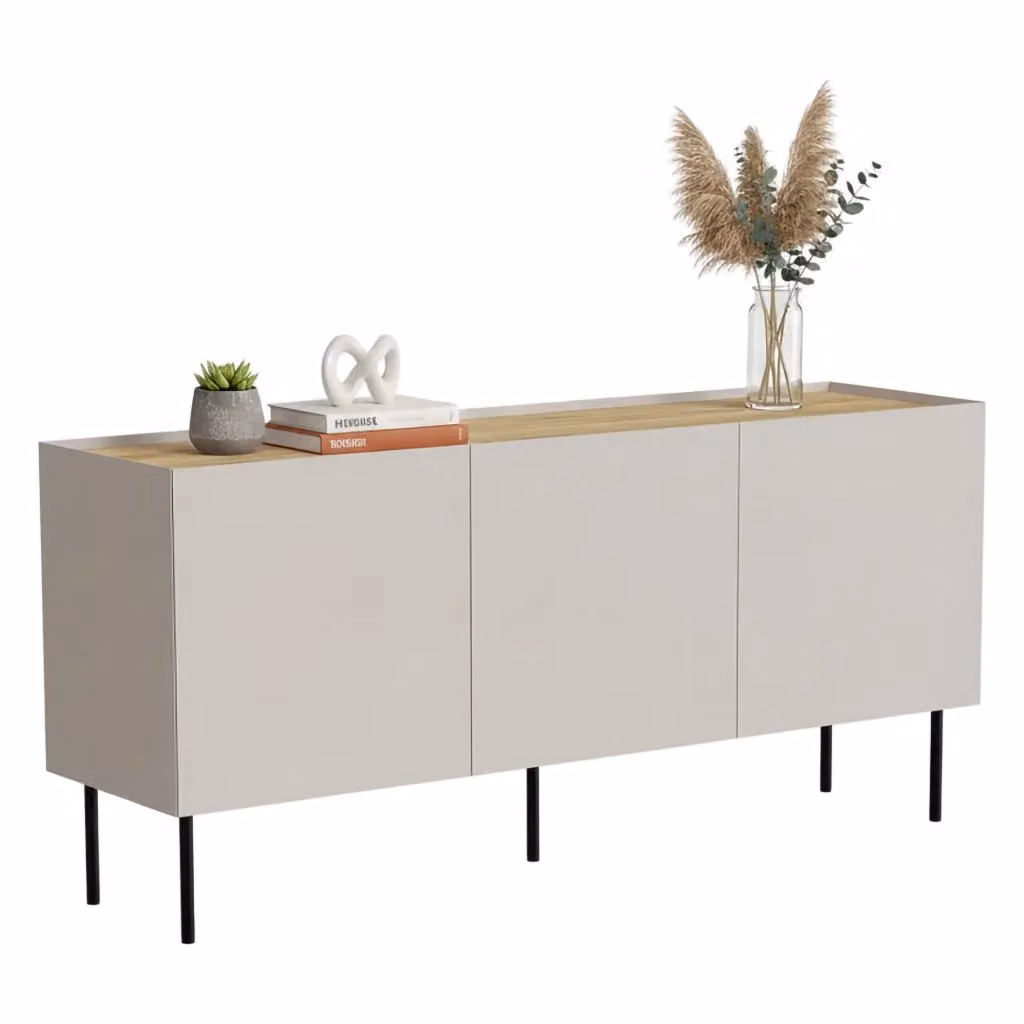 Madia moderna DMORA in MDF laccato beige e rovere per soggiorno e ufficio, L 150 x P 40 x H 70 cm – 2
