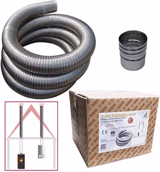 Kit 2 tubi flessibili Mbm in acciaio inox 316 per canna fumaria, lunghezza 10 m, diametro interno 60 mm, colore argento