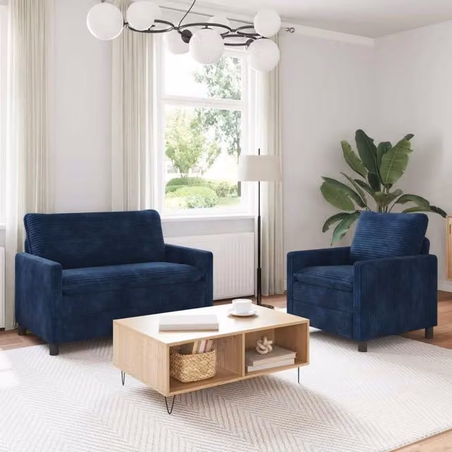 Set di 2 divani moderni vidaXL in tessuto blu e nero con struttura in metallo e cuscini inclusi – 1