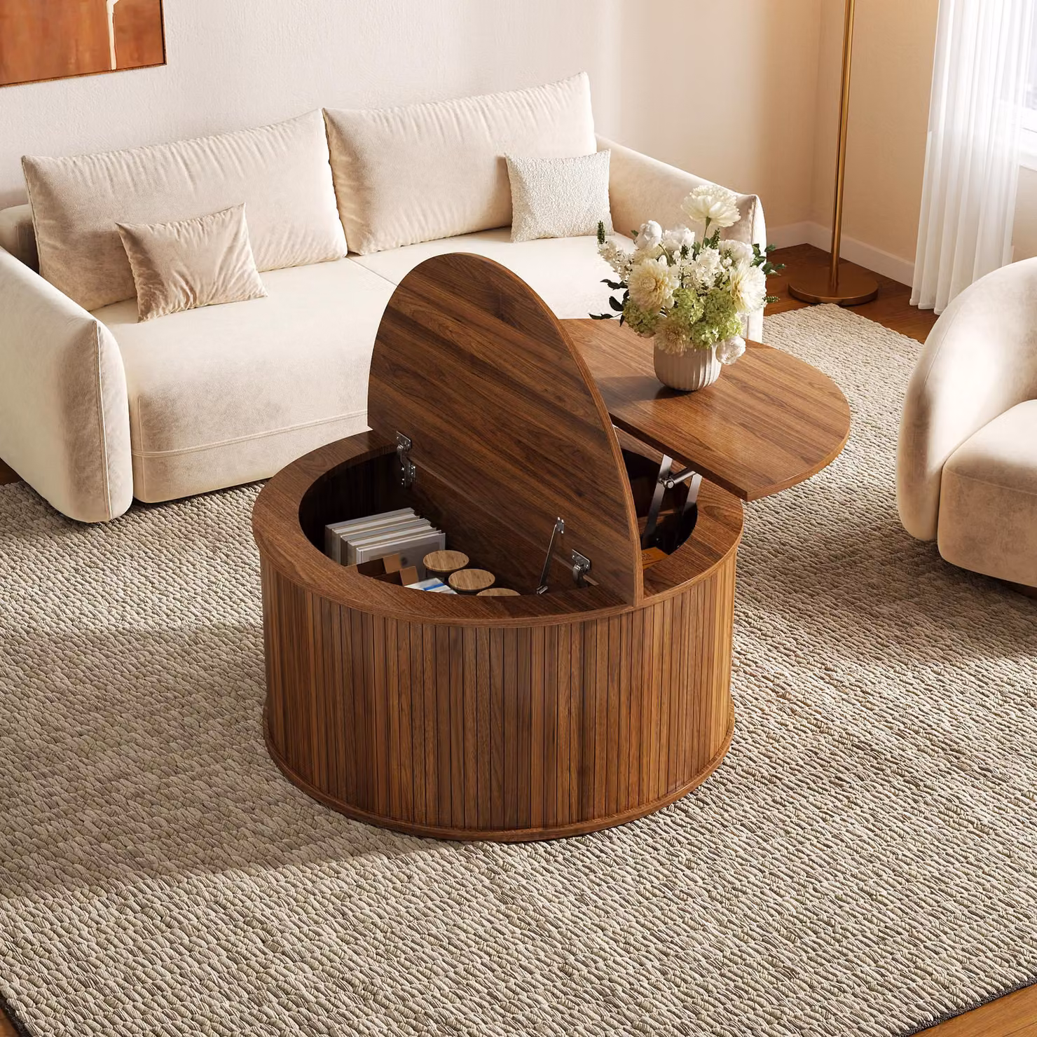 Tavolino rotondo Merax con spazio contenitore, tavolino regolabile in altezza per il soggiorno, piano del tavolo con coperchio ribaltabile, tavolino da divano in MDF, finitura noce