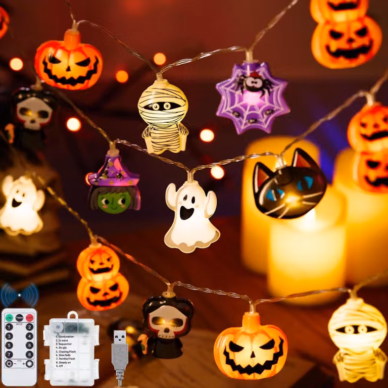 Catena luminosa a tema Halloween, lunghezza 3,6 metri, 24 LED, con decorazioni di ragni, pipistrelli e zucche