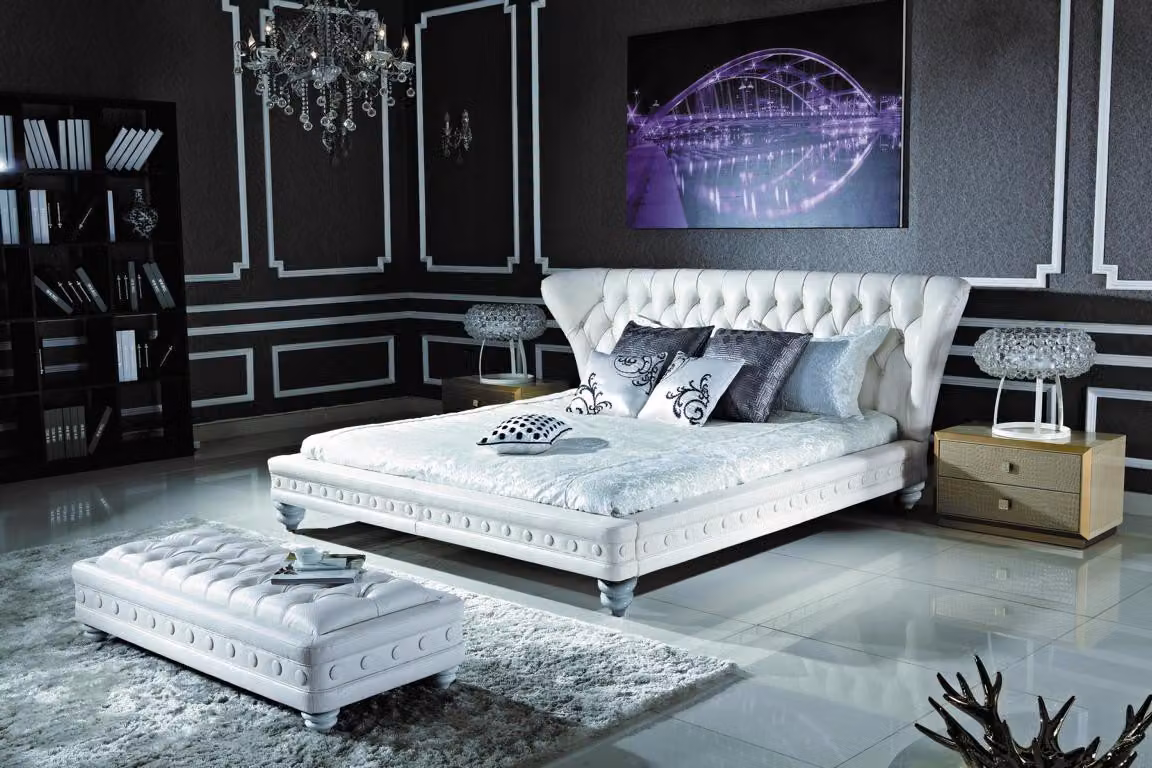 Designer Doppelbett Bett Betten Leder Chesterfield Hotel Luxus Schlafzimmer