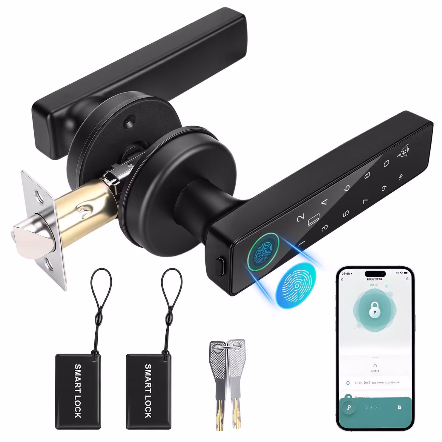 Serratura elettronica per porte in legno, realizzata in alluminio, con riconoscimento impronte digitali, colore nero