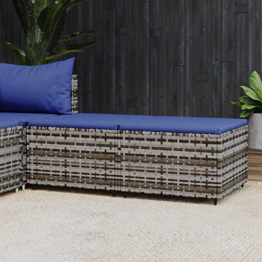 Set di 2 poggiapiedi da giardino vidaXL in polyrattan grigio con cuscini blu