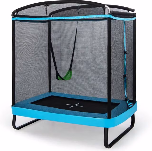 Trampolino 2 in 1 con altalena rimovibile e rete di sicurezza in metallo zincato e PVC, nero e blu, L: 190 cm, P: 122 cm, H: 210 cm
