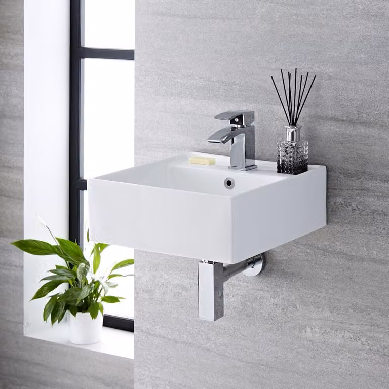 Lavabo Moderno Sospeso Bianco - 400mm x 400mm con anello di troppopieno in Rame Satinato - Halwell