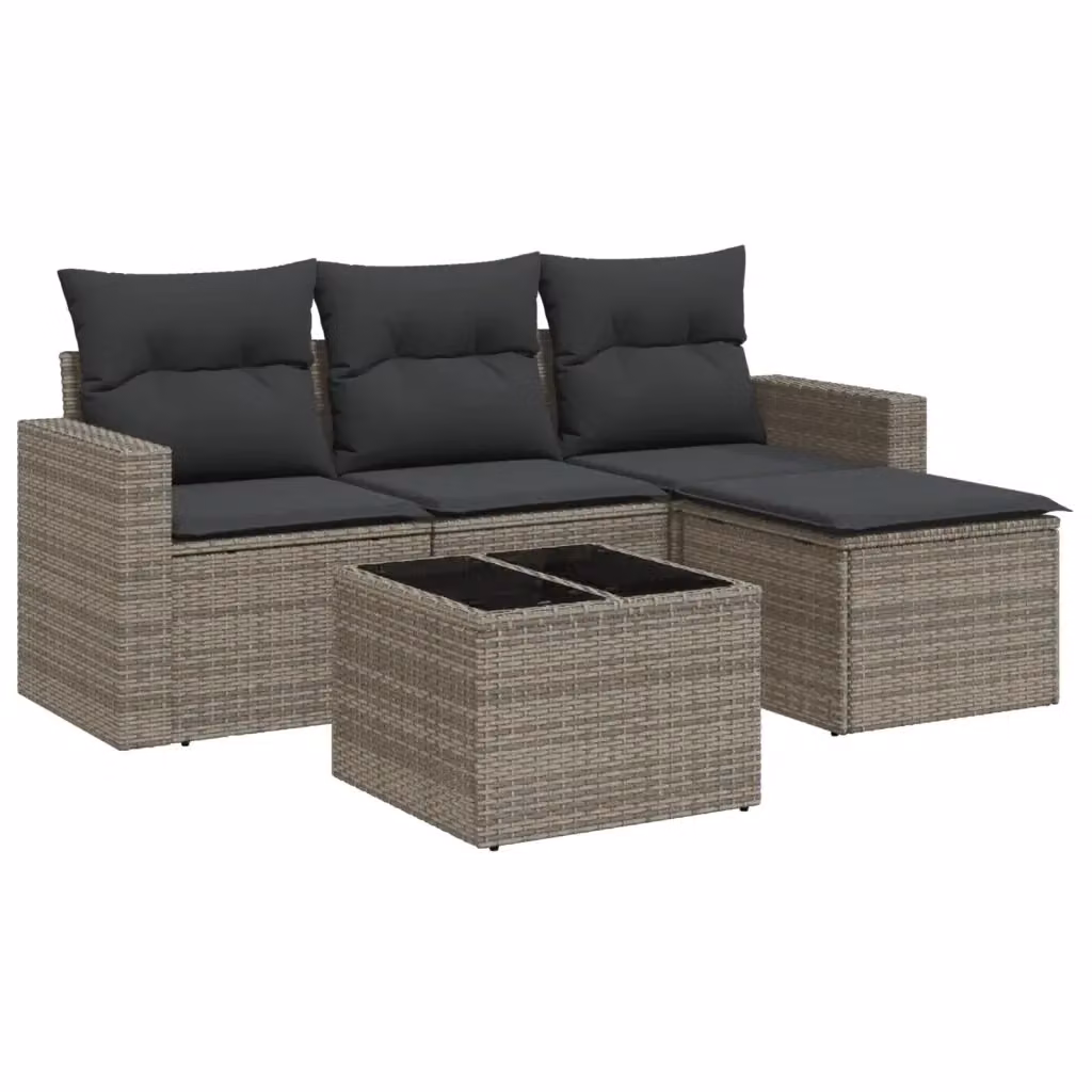 vidaXL Set Divano da Giardino 5 pz a L in Polyrattan Grigio con Cuscini e Tavolino – 2