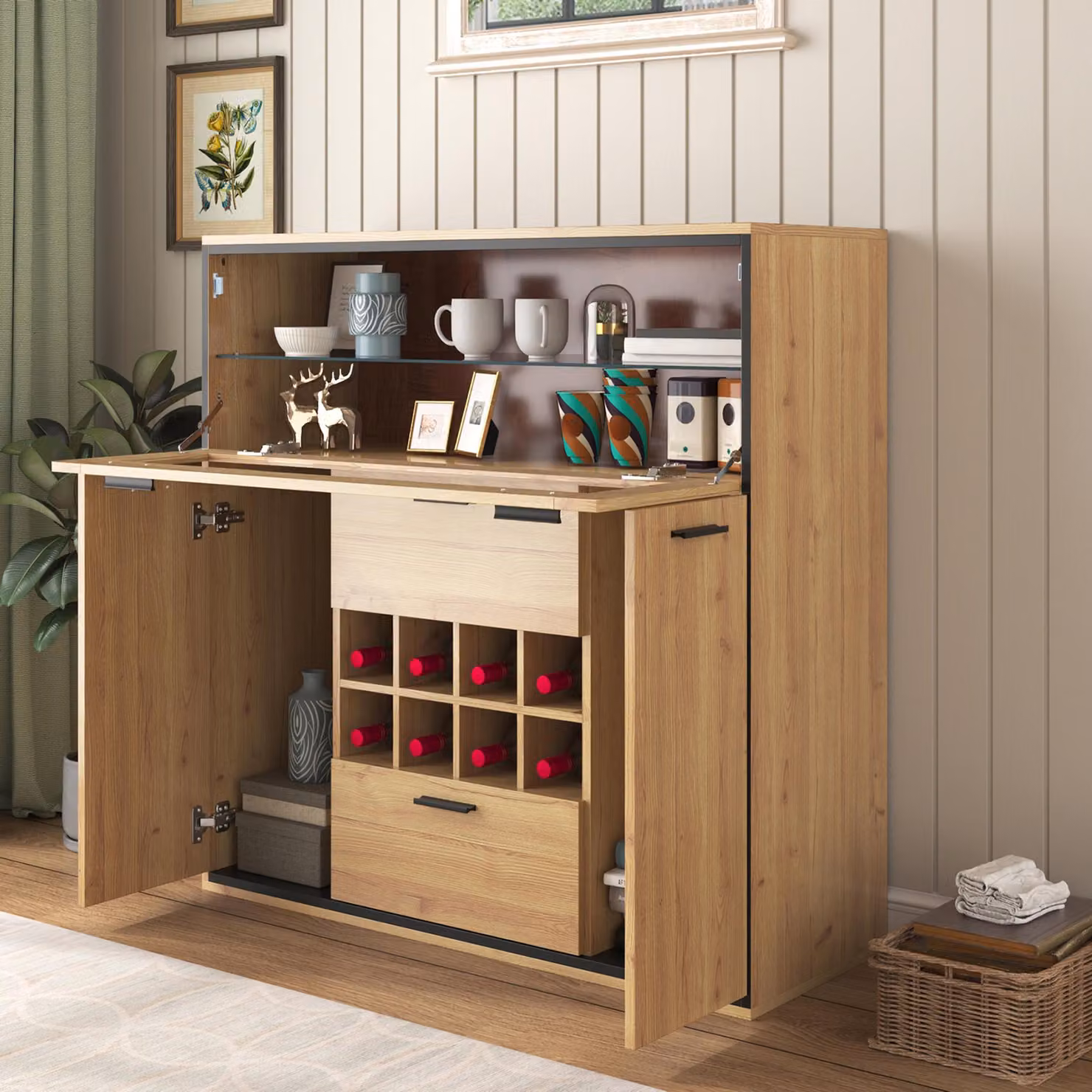 STILVORA Credenza con illuminazione a LED, armadio per vini con doppie ante e ripiano in vetro, mobile espositivo Armadio in PB con portabottiglie, naturale