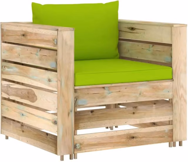 Set da giardino vidaXL in legno di pino trattato con cuscini verdi composto da divano a 2 posti, poltrona lounge, tavolino da caffè e pouf
