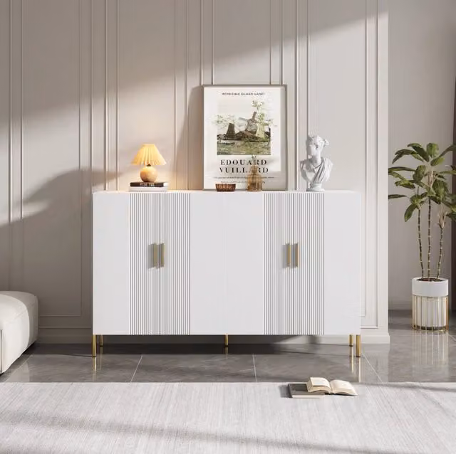 Credenza multifunzionale bianca opaca 160x35x100 cm in pannello truciolare con dettagli dorati