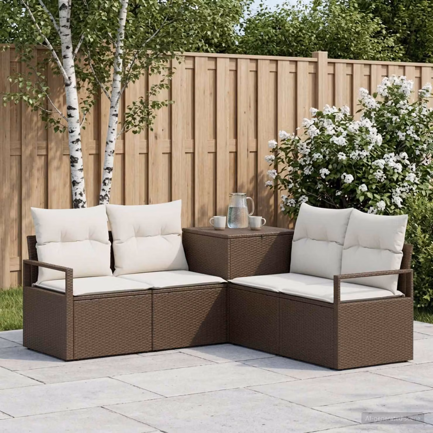 Set di divani da giardino a L vidaXL in polyrattan marrone e bianco con cuscini inclusi