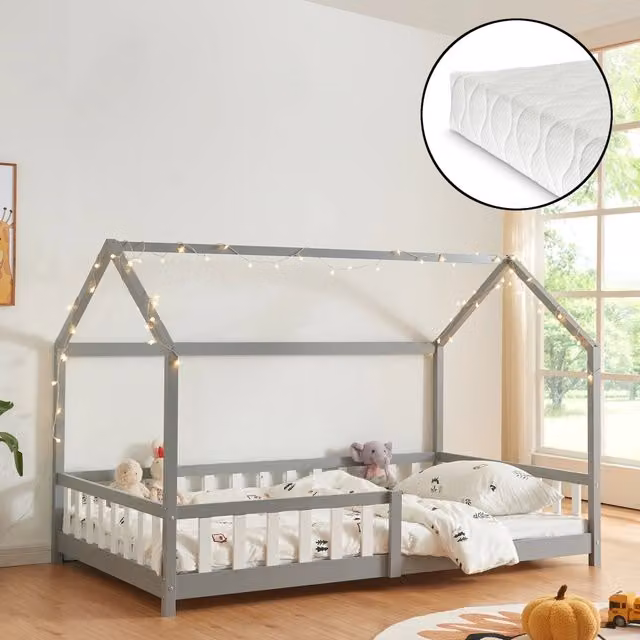 Letto Francese Hesel en.casa per Cameretta a Forma di Casetta con Materasso in Grigio, L/P/H: 200 x 140 x 146 cm