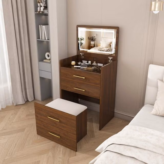 Tavolo da toeletta 3 in 1 con specchio apribile e sgabello, MDF noce, per camera da letto, 60 × 40 × 118 cm