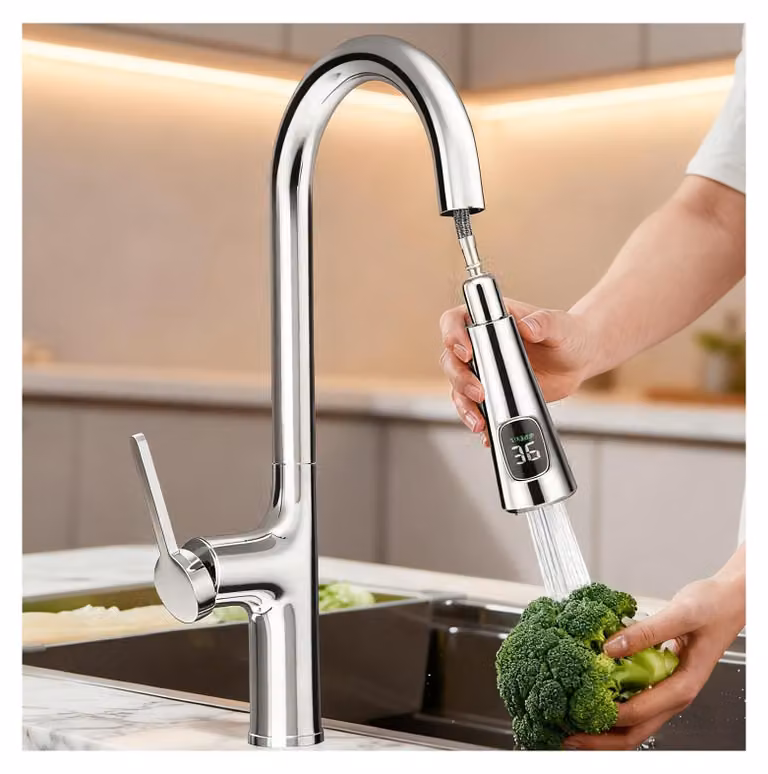 Rubinetto per cucina con display LED che indica la temperatura dell'acqua, estraibile