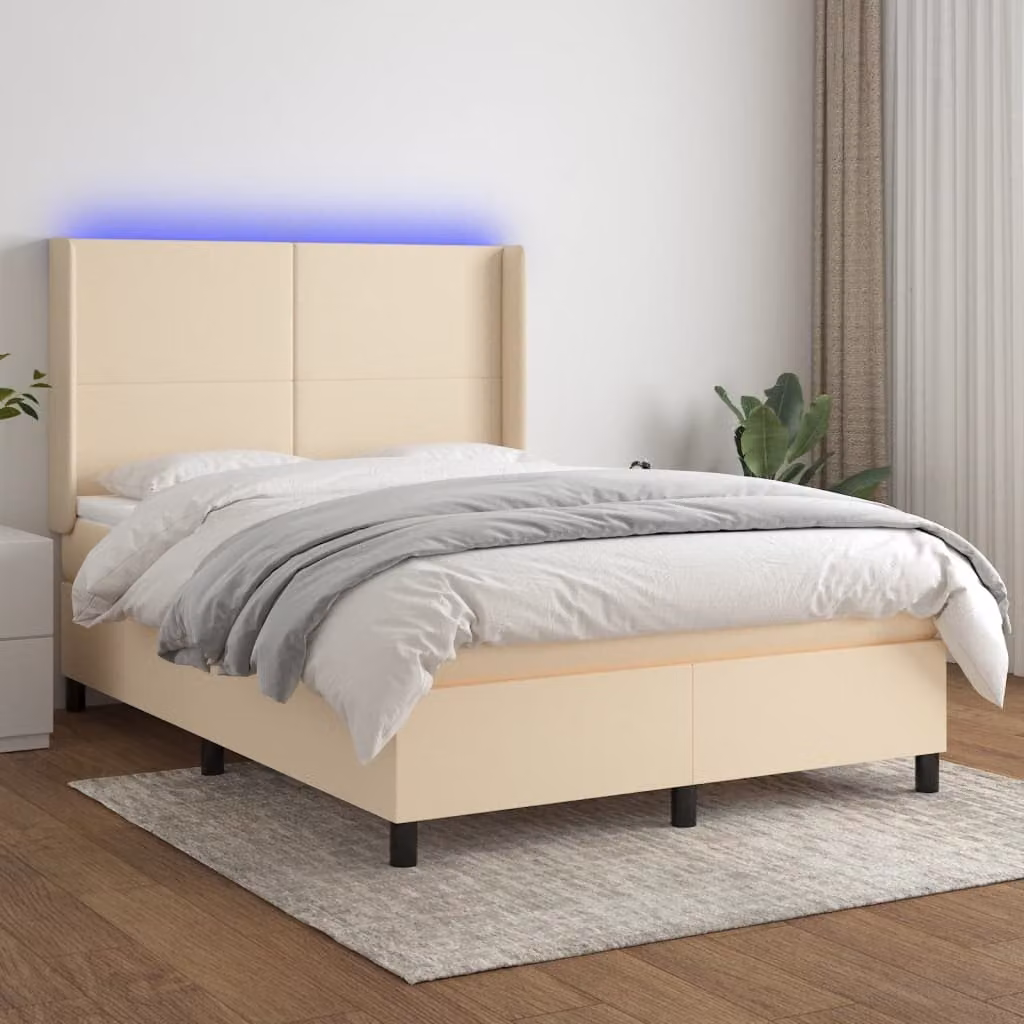 Letto a Molle vidaXL con Illuminazione LED e Porte USB in Tessuto Beige o Bianco L/P/H: 140 x 200 x 147 cm – 1