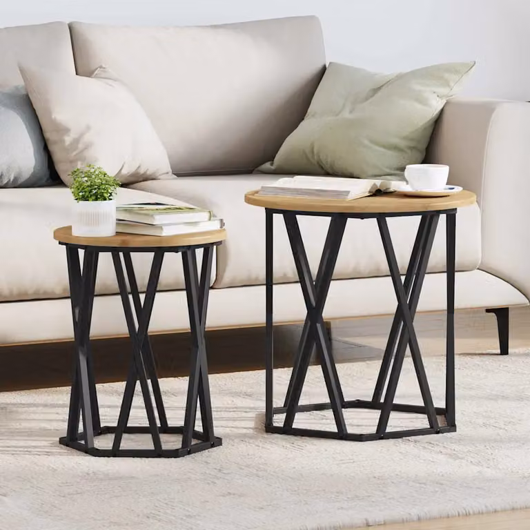Set di 2 tavolini da salotto moderni vidaXL in legno e metallo, colore rovere e nero, forma rotonda