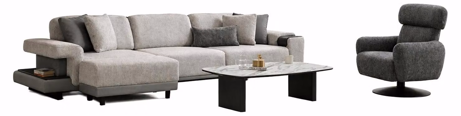 Set da salotto moderno grigio: divano ad angolo di design, comodo, in tessuto e legno