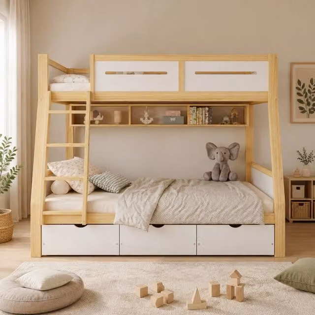Letto a castello per bambini 90x200/120x200 cm con 3 cassetti; libreria 2 m; legno e MDF; bianco e naturale